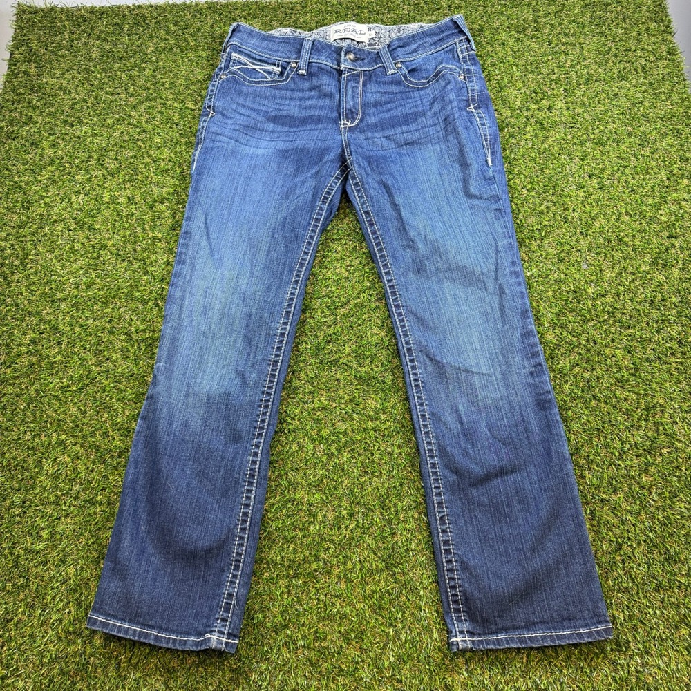 Ariat REAL Denim Womens 32S Medium Wash Straight Leg Western Jeans Thick Stitch